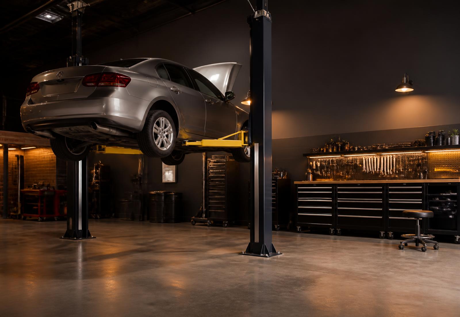 Service bay at King Bear Auto in St James with a car raised on the lift